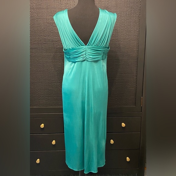 BCBGMAXAZRIA Large Teal Green Shimmery Empire Waist Cocktail Party Midi Dress - Picture 3 of 8